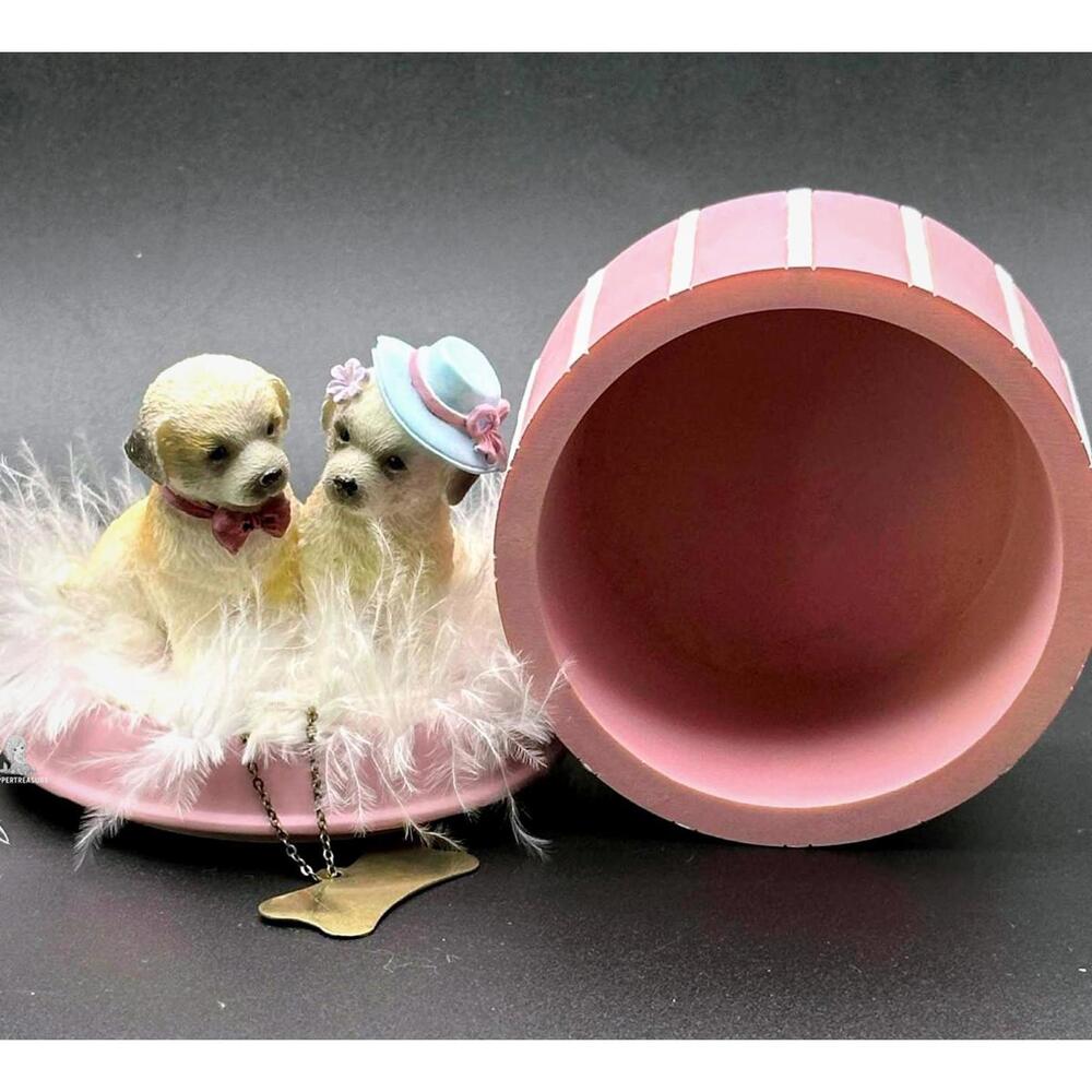 Adorable Dog Figurines Trinket Box Pink Storage W Neck Tag & Feathers - Picture 2 of 7